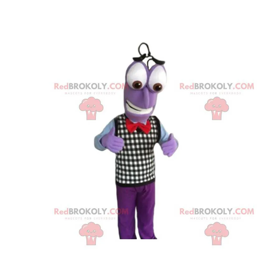 Purple snowman mascot with a plaid sweater - Redbrokoly.com