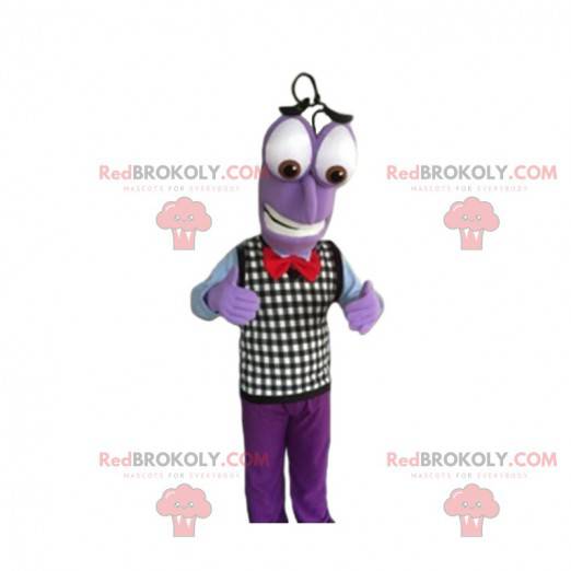 Mascote roxo do boneco de neve com um suéter xadrez -