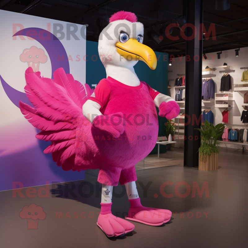 Magenta Swan mascot costume character dressed with a Jeans and Foot pads Magenta Swan mascot costume character dressed with a Jeans and Foot pads