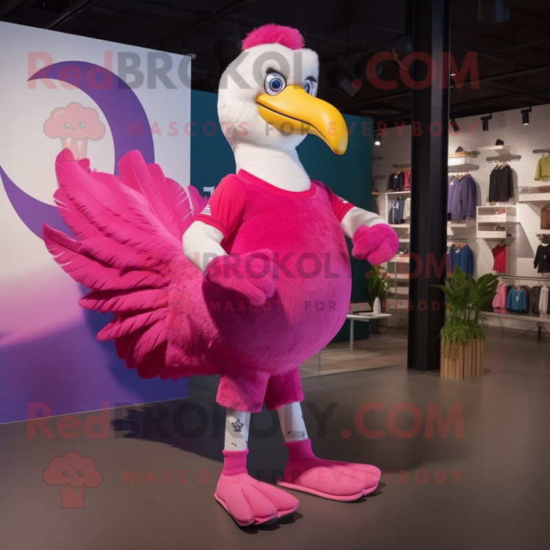 Magenta Swan mascot costume character dressed with a Jeans and Foot pads