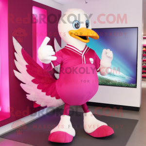 Magenta Swan mascot costume character dressed with a Jeans and Foot pads