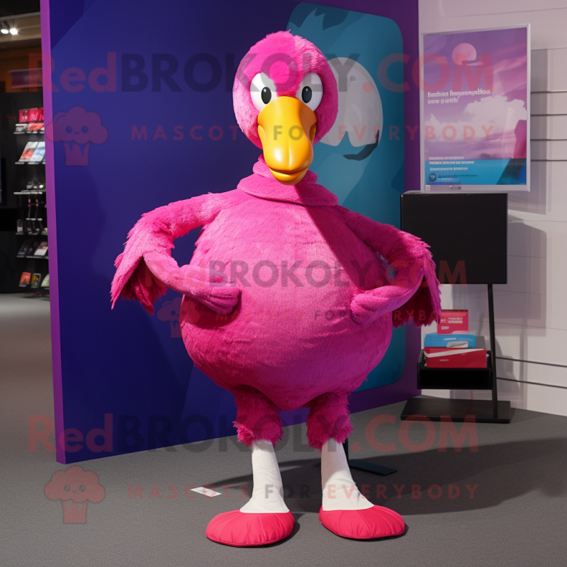 Magenta Swan mascot costume character dressed with a Jeans and Foot pads