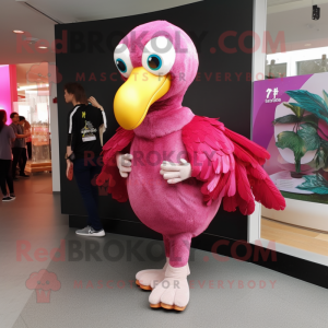 Magenta Swan mascot costume character dressed with a Jeans and Foot pads