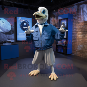 Blue Albatross mascot costume character dressed with a Bomber Jacket and Shoe clips