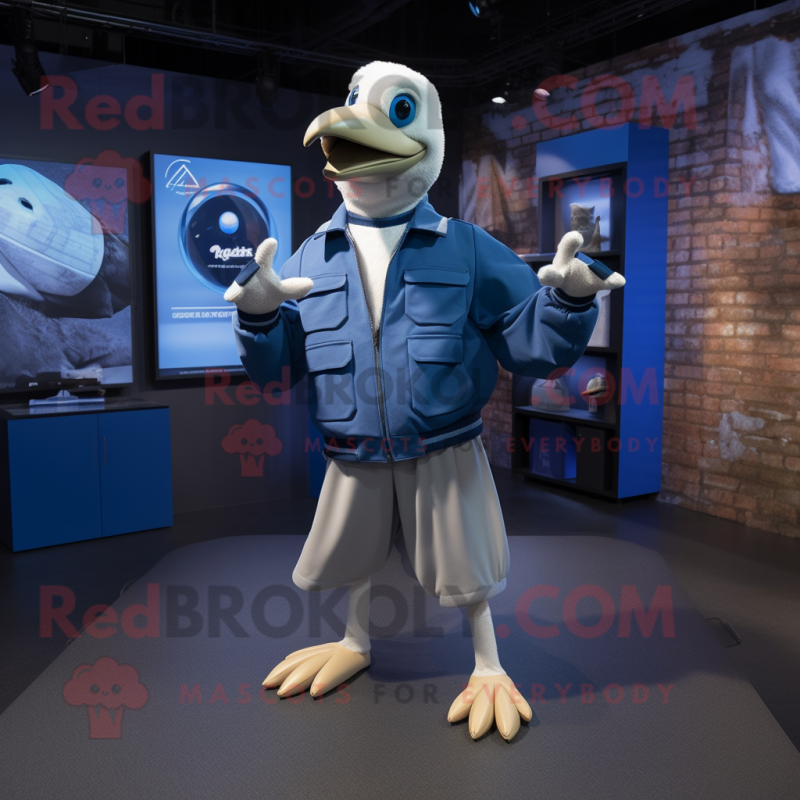 Blue Albatross mascot costume character dressed with a Bomber Jacket and Shoe clips