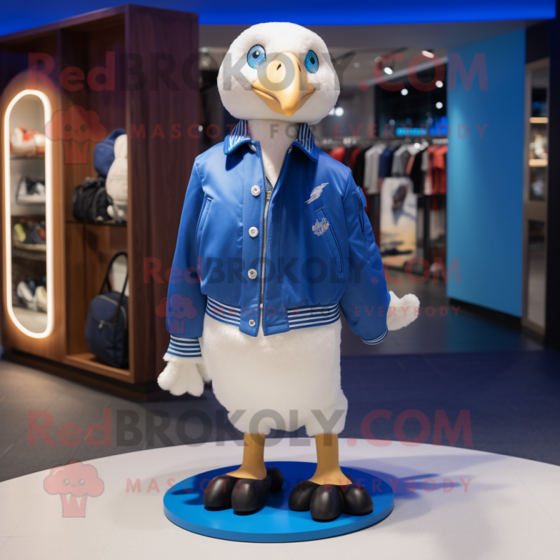 Blue Albatross mascot costume character dressed with a Bomber Jacket and Shoe clips