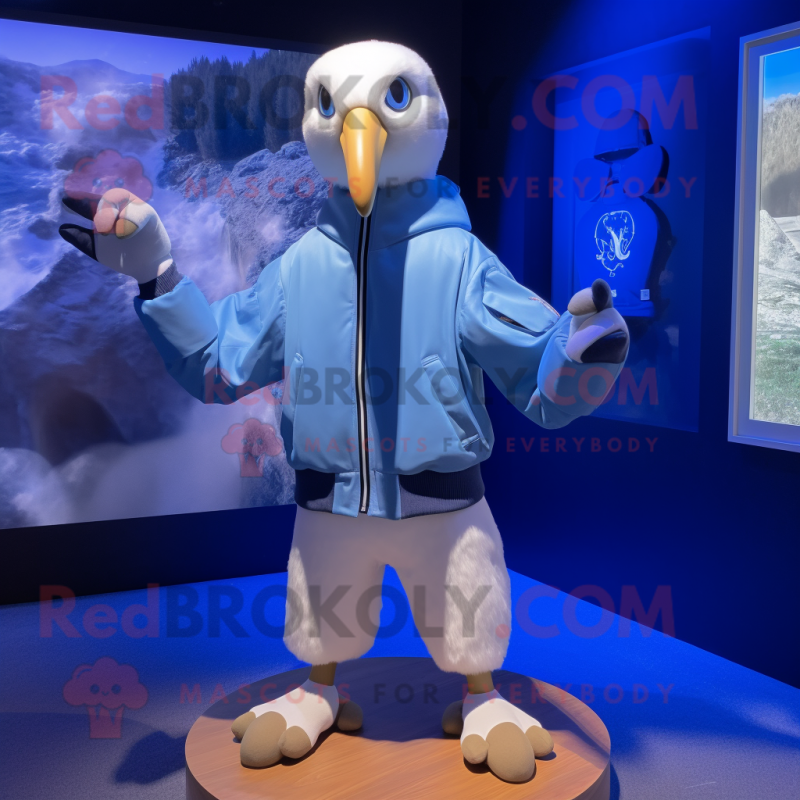 Blue Albatross mascot costume character dressed with a Bomber Jacket and Shoe clips