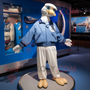 Blue Albatross mascot costume character dressed with a Bomber Jacket and Shoe clips