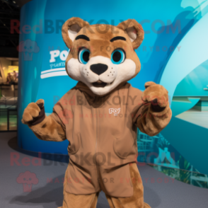 Brown Puma mascot costume character dressed with a Windbreaker and Wraps