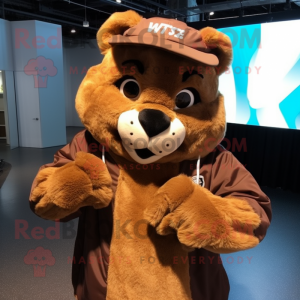 Brown Puma mascot costume character dressed with a Windbreaker and Wraps