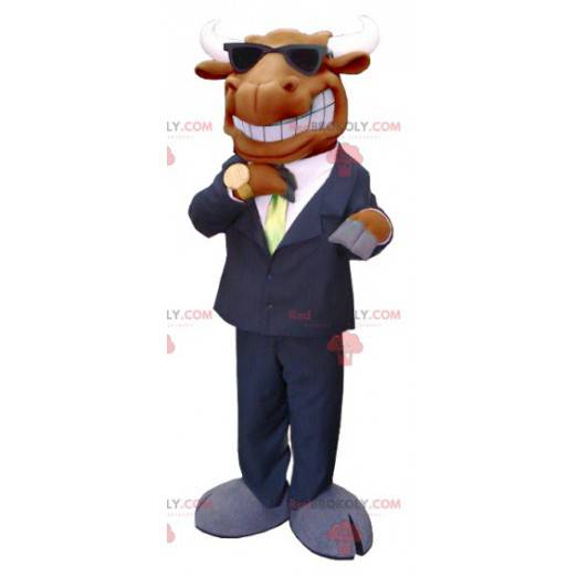 Brown mascotte alce caribù vestito con giacca e cravatta -