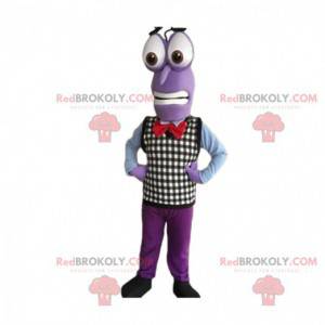 Mascotte de bonhomme violet avec un pull à carreaux -