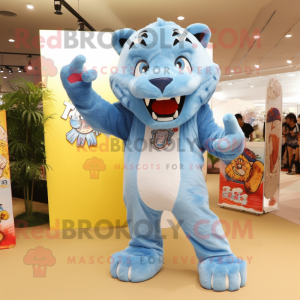 Sky Blue Saber-Toothed Tiger mascot costume character dressed with a Denim Shorts and Hairpins