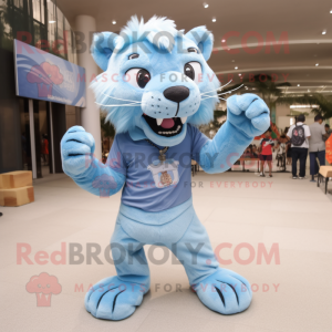 Sky Blue Saber-Toothed Tiger mascot costume character dressed with a Denim Shorts and Hairpins