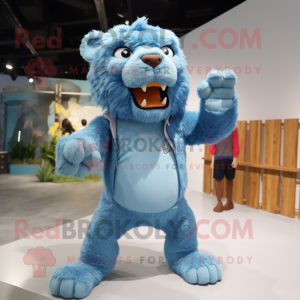 Sky Blue Saber-Toothed Tiger mascot costume character dressed with a Denim Shorts and Hairpins