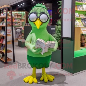 Lime Green Gull mascot costume character dressed with a Graphic Tee and Reading glasses