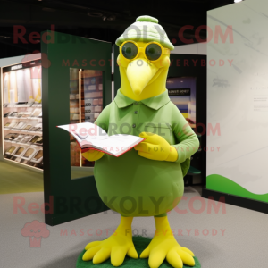 Lime Green Gull mascot costume character dressed with a Graphic Tee and Reading glasses