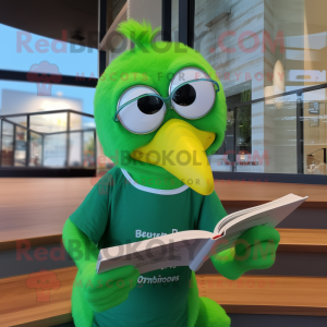 Lime Green Gull mascot costume character dressed with a Graphic Tee and Reading glasses