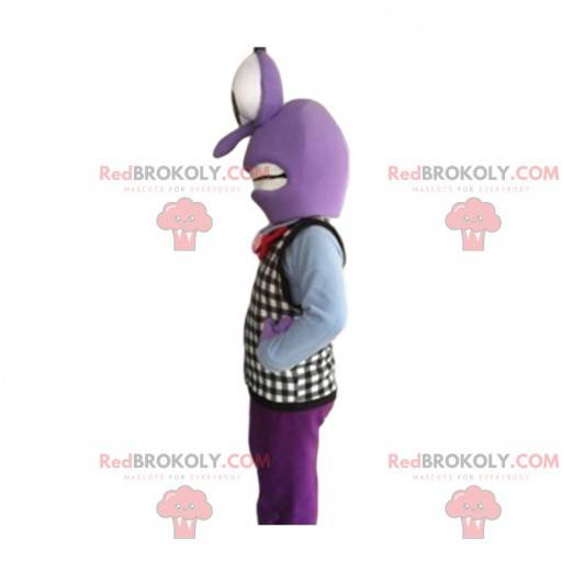 Maskot fialového sněhuláka s kostkovaným svetrem -