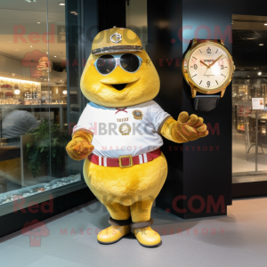 Gold Beef Wellington mascot costume character dressed with a Baseball Tee and Bracelet watches