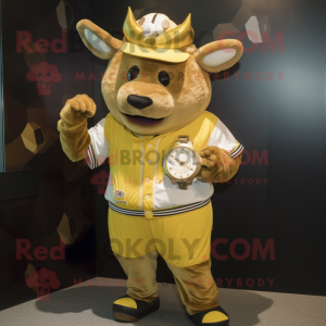 Gold Beef Wellington mascot costume character dressed with a Baseball Tee and Bracelet watches