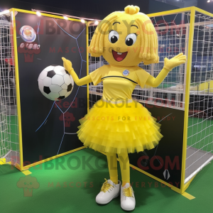 Yellow Soccer Goal mascot costume character dressed with a Mini Skirt and Hairpins