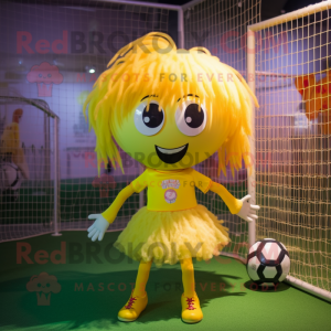Yellow Soccer Goal mascot costume character dressed with a Mini Skirt and Hairpins