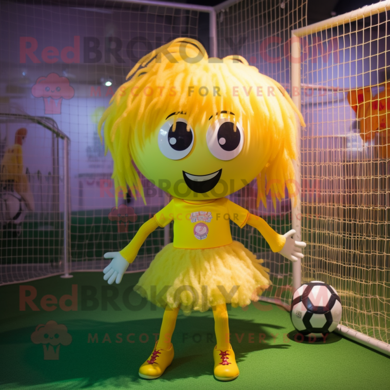Yellow Soccer Goal mascot costume character dressed with a Mini Skirt and Hairpins Yellow Soccer Goal mascot costume character dressed with a Mini Skirt and Hairpins