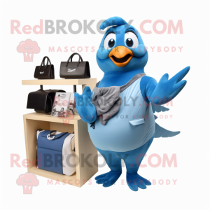 Blue Dove mascot costume character dressed with a T-Shirt and Wallets