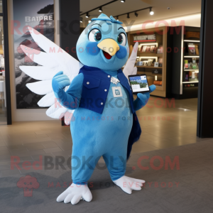 Blue Dove mascot costume character dressed with a T-Shirt and Wallets