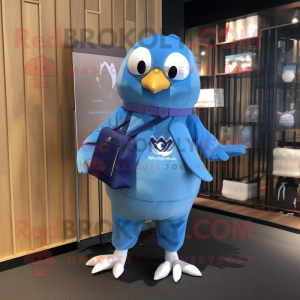 Blue Dove mascot costume character dressed with a T-Shirt and Wallets