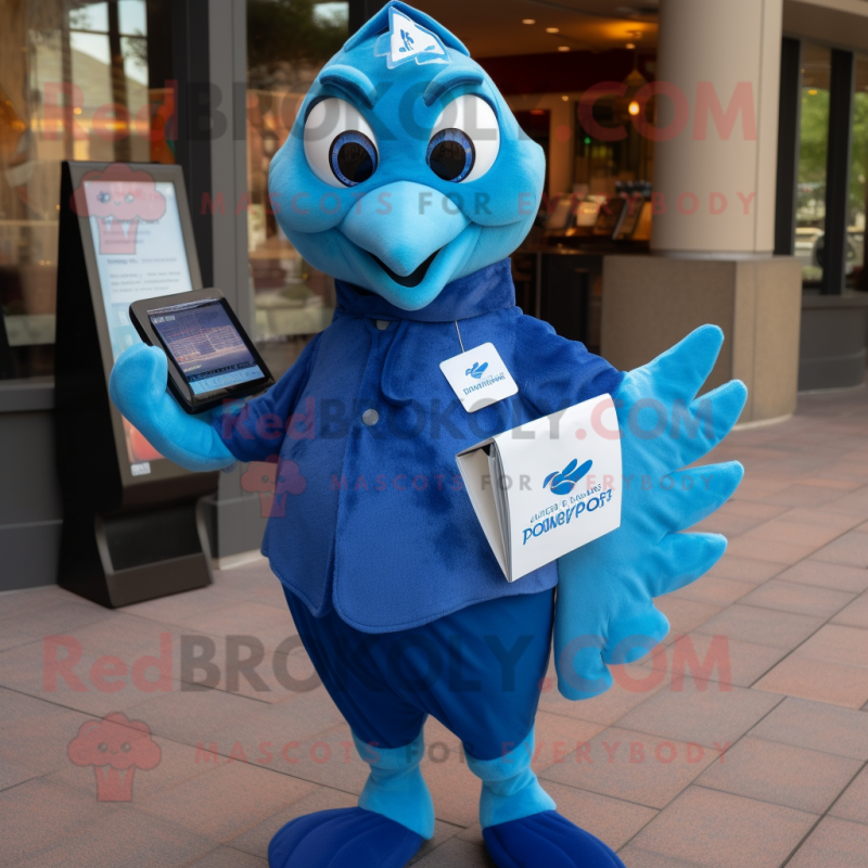 Blue Dove mascot costume character dressed with a T-Shirt and Wallets