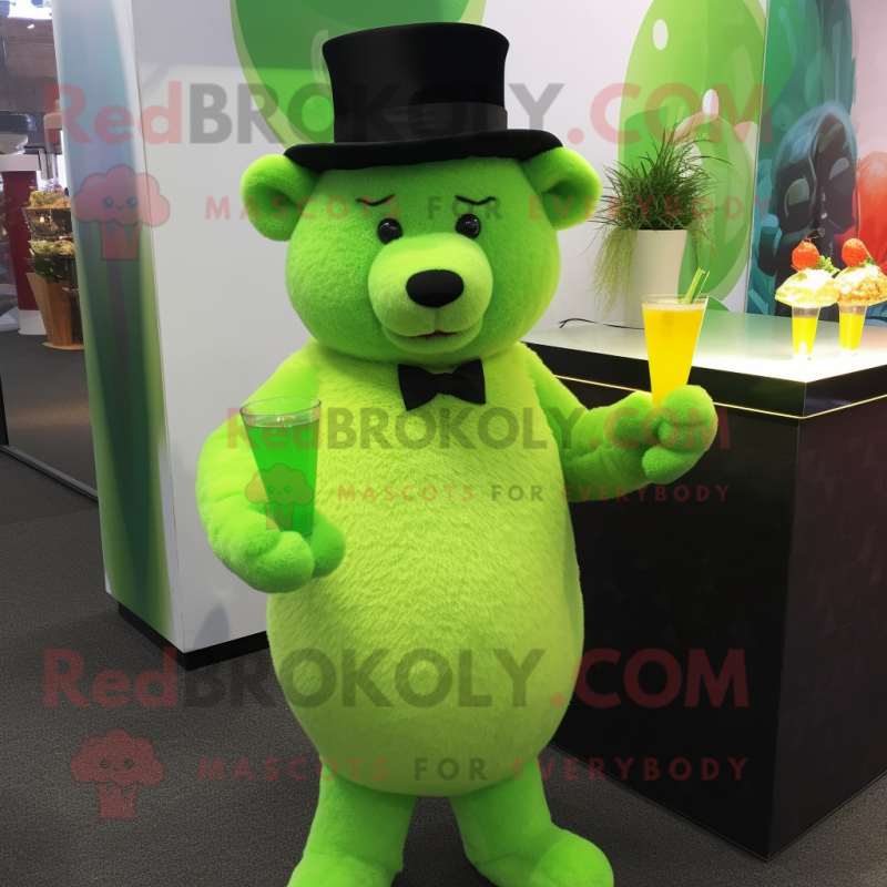 Lime Green Bear mascot costume character dressed with a Cocktail Dress and Hats Lime Green Bear mascot costume character dressed with a Cocktail Dress and Hats