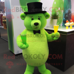 Lime Green Bear mascot costume character dressed with a Cocktail Dress and Hats