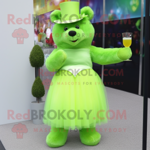 Lime Green Bear mascot costume character dressed with a Cocktail Dress and Hats