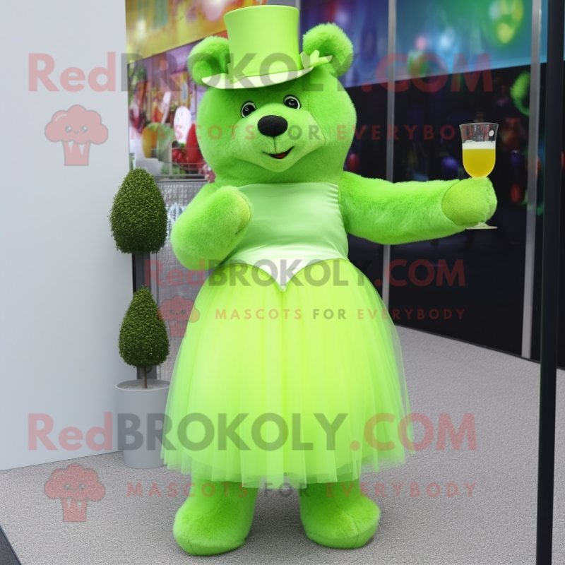 Lime Green Bear mascot costume character dressed with a Cocktail Dress and Hats Lime Green Bear mascot costume character dressed with a Cocktail Dress and Hats