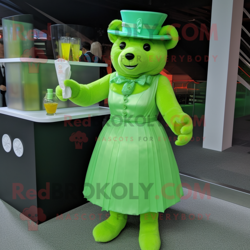 Lime Green Bear mascot costume character dressed with a Cocktail Dress and Hats