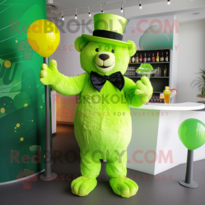 Lime Green Bear mascot costume character dressed with a Cocktail Dress and Hats