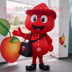 Red Cherry mascot costume character dressed with a Coat and Messenger bags