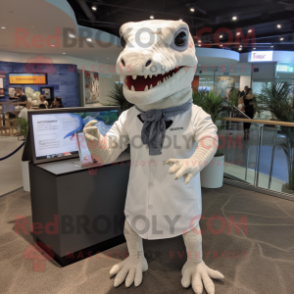 White Tyrannosaurus mascot costume character dressed with a Henley Shirt and Wraps