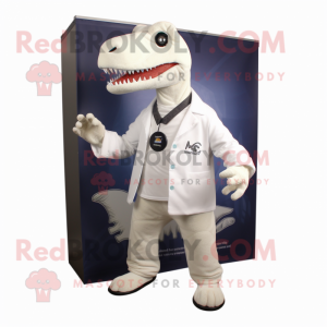 White Tyrannosaurus mascot costume character dressed with a Henley Shirt and Wraps