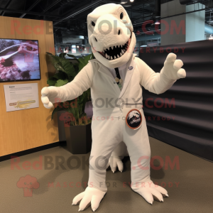 White Tyrannosaurus mascot costume character dressed with a Henley Shirt and Wraps