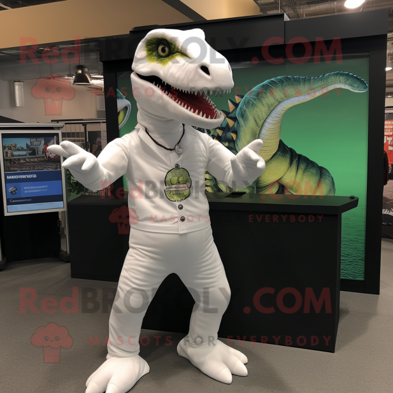 White Tyrannosaurus mascot costume character dressed with a Henley Shirt and Wraps