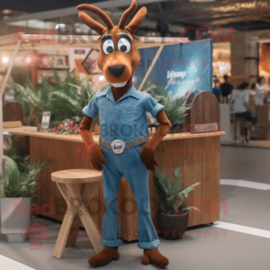 Rust Gazelle mascot costume character dressed with a Denim Shirt and Hairpins