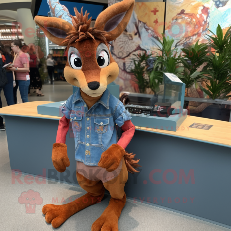 Rust Gazelle mascot costume character dressed with a Denim Shirt and Hairpins