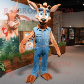 Rust Gazelle mascot costume character dressed with a Denim Shirt and Hairpins