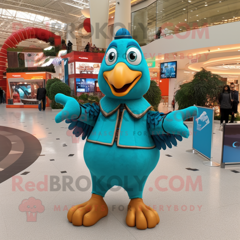 Turquoise Turkey mascot costume character dressed with a Bomber Jacket and Clutch bags