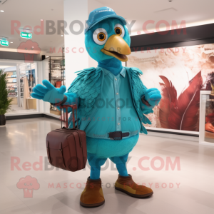 Turquoise Turkey mascot costume character dressed with a Bomber Jacket and Clutch bags
