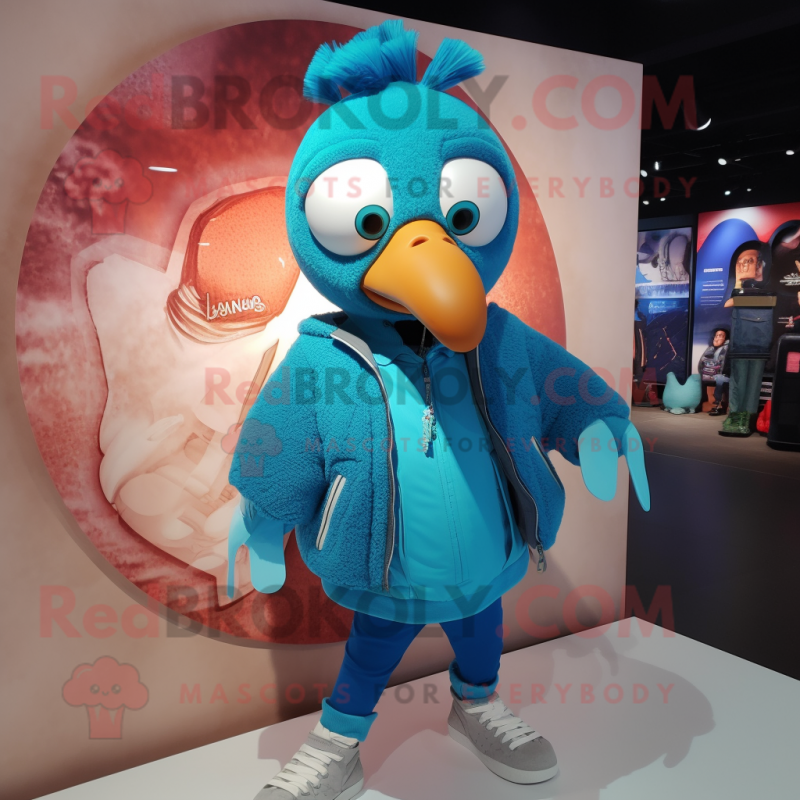 Turquoise Turkey mascot costume character dressed with a Bomber Jacket and Clutch bags