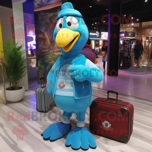 Turquoise Turkey mascot costume character dressed with a Bomber Jacket and Clutch bags